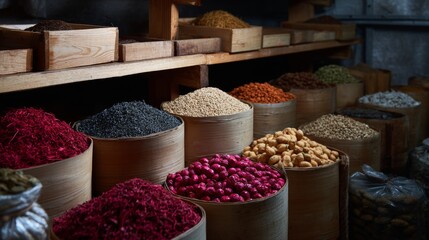 Colorful spices stored in fabric sacks for traditional market food branding and cultural ingredient photography scene