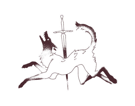 Retro design of tattoo with wolf on sword in dotwork style. Vintage sketch of dead coyote on knife. Gothic tatoo with magic animal on blade. Hand drawn outline isolated vector illustration on white