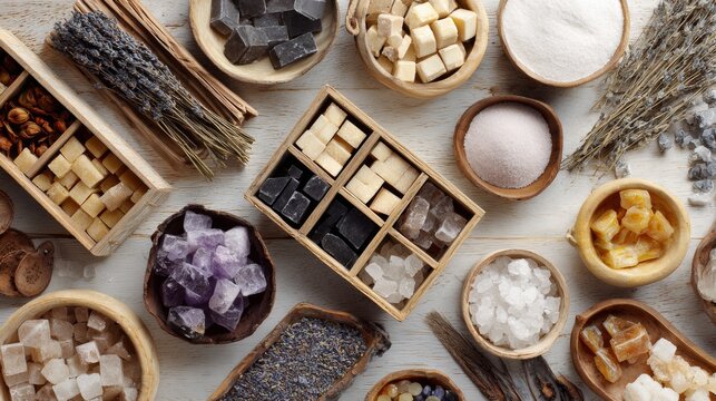 Natural herbs and crystals arranged in wooden bowls for holistic remedy branding and apothecary product photography setup