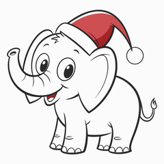 Obraz premium A cute, happy cartoon baby elephant wearing a red Santa hat stands smiling against a white background.
