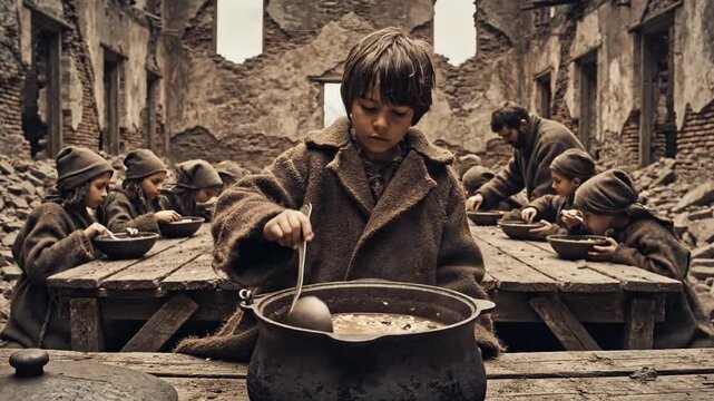 Poverty and Hunger depicted by children in a soup kitchen scene of war-torn surroundings