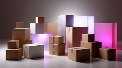 Obraz premium Stacked cardboard boxes with neon light for product branding and modern design packaging photography conceptual visual scene