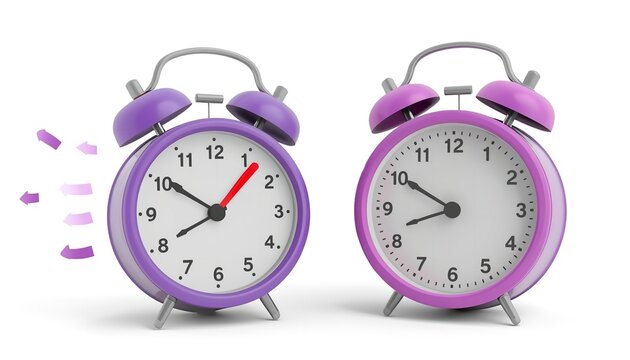 Two purple alarm clocks on a white background with one clock moving backwards in time