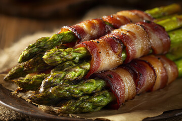 Asparagus Wrapped in Bacon on a Rustic Plate