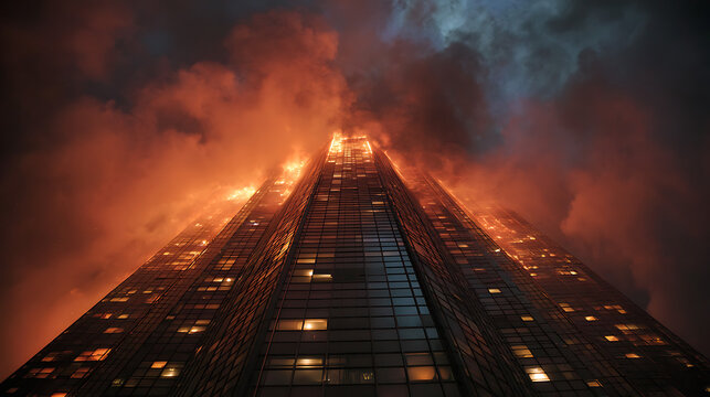 A massive modern skyscraper appears engulfed in an ominous orange inferno and thick smoke, captured from a dramatic low-angle perspective at night.