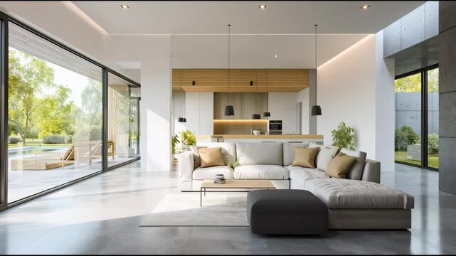 Elegant residential interior showcasing expansive glazing that floods the space with sunlight, paired with clean-lined furnishings, refined textures, minimalist aesthetic rooted in modern.