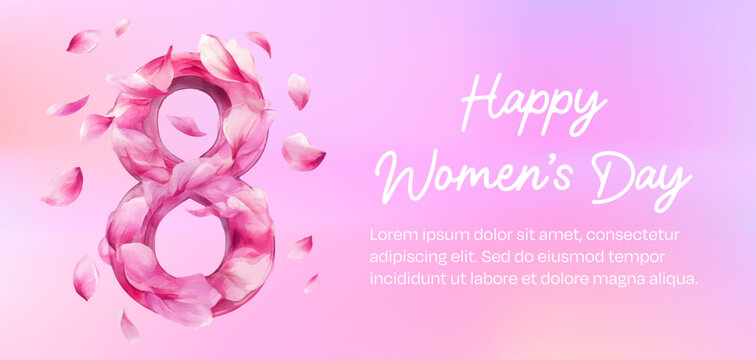Spring blossom petals falling gracefully. Pink flowers scattered in air for March 8 banner. Soft pastel floral background with delicate watercolor effect for Women's Day celebration. 