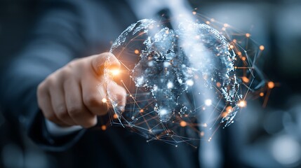Hand Pointing at Illuminated Digital Globe with Network Connections technology earth Photo