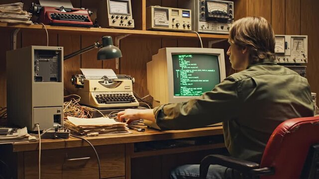 A nostalgic scene of a retro programmer coding on a vintage computer with a green screen monitor in a classic technology workshop