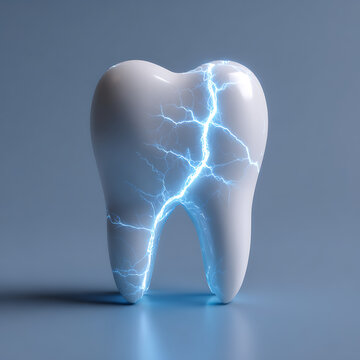 Dramatic 3D visualization of a white molar tooth cracked by bright blue electricity, representing acute nerve pain and dental hypersensitivity.