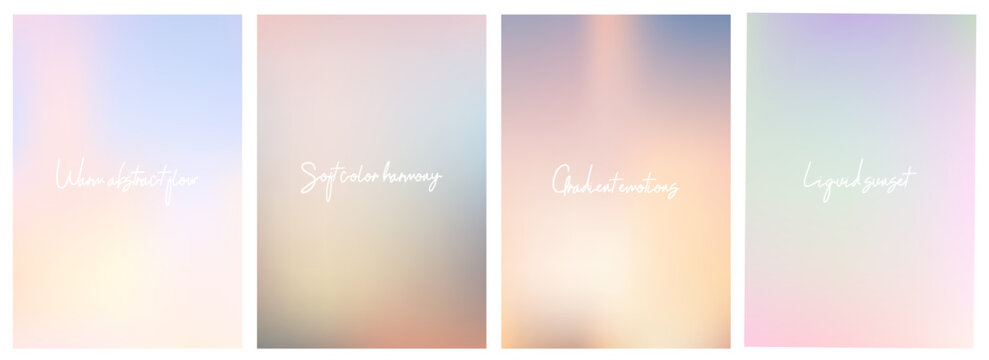 Soft gradient background set with pink and blue sky colors. Light pastel backdrop collection featuring sunrise and sunset gradations for spring and summer designs. Vector illustration.