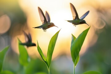 Obraz premium Graceful Hummingbirds in Flight Amidst Green Foliage, Bathed in Soft Golden Hour Light