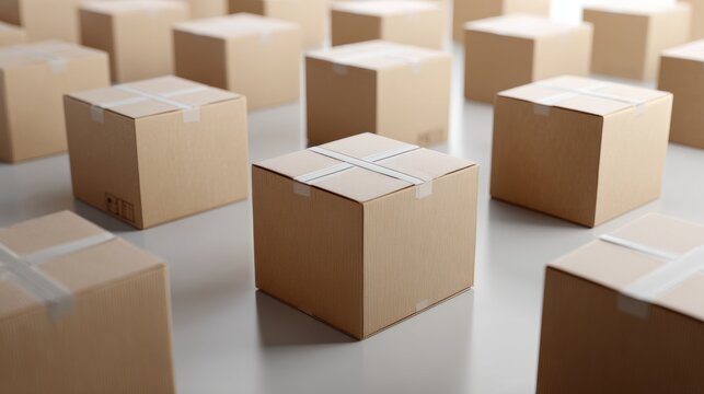 Minimal arrangement of cardboard boxes on neutral background for delivery, logistics, or shipping package branding concept