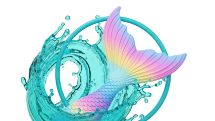 Rainbow Mermaid Tail Splashing in Water