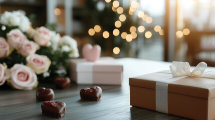 An intimate arrangement featuring chocolates, roses, and a beautiful gift on a wooden surface, evoking feelings of love and warmth perfect for romantic moments and celebrations.