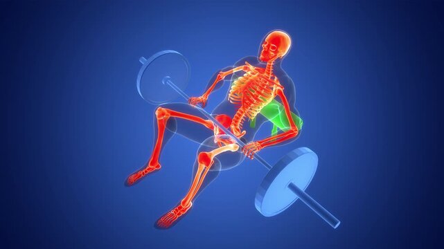 Human Lifting Heavy Barbell with Weights in Hip Thrust Exercise Anatomy Animation Concept