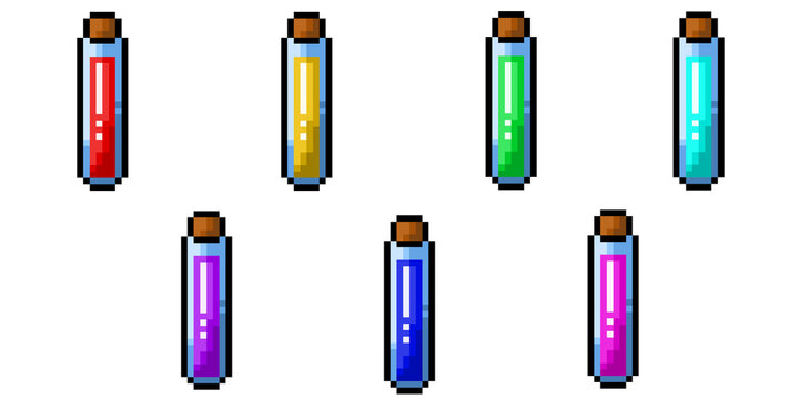 Pixel art collection, potions with different colors, oval-shaped bottles like typical medieval-style potions, items in the game as well as for icons or stickers.