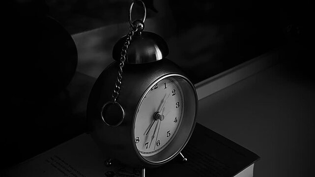 A moody, black and white time-lapse video of a vintage-style metallic analog alarm clock resting on a stack of old books in dim light. The clock hands spin rapidly, emphasizing the fast passage of tim