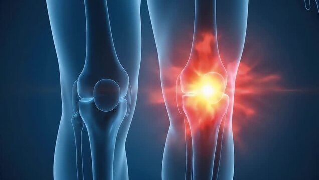 Human knee joints showing painful inflammation and normal structure in a scientific background
