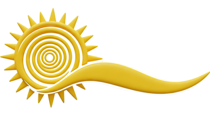 Stylized Yellow Sun with Swirling Rays and Wave Element