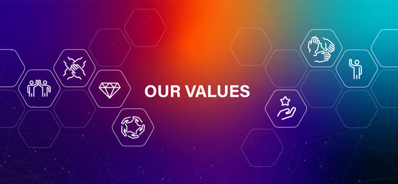 Our values corporate banner design displaying core principles and ethics concept gradient background line icons mission statement
