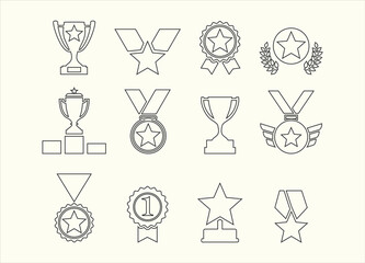 Simple award icon with laurel wreath and set of different laurel wreaths ribbons and trophy illustration. Luxury templates for glamour product presentation, winner ceremony