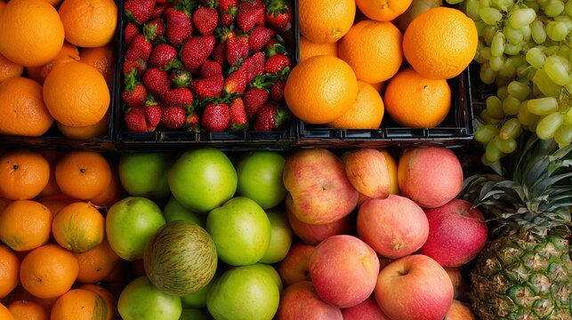 Colorful fruit market boxes with tropical produce for healthy nutrition lifestyle food branding photography concept