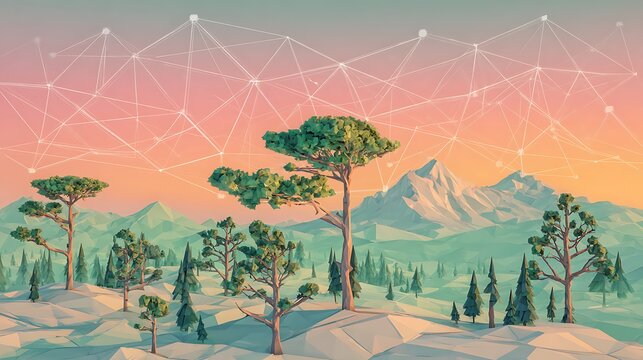 Low Poly Mountain Landscape with Network Overlay at Sunset nature trees Photo