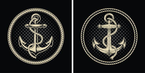 Nautical anchor with rope vintage vector illustration badge in circle frame on black background © MdJobaidul