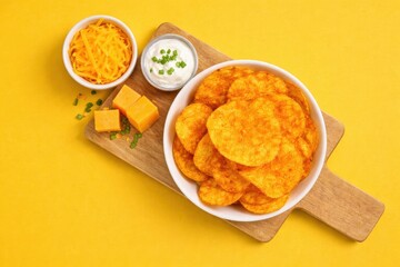 Cheddar Cheese Chips with Dip on Board
