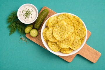 Dill Pickle Chips with Dip on Board
