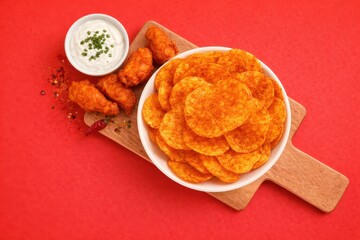 Spicy Snack Platter with Dip on Red