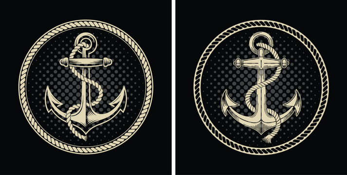 Nautical anchor with rope vintage vector illustration badge in circle frame on black background