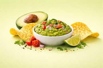 Fresh Guacamole with Ingredients and Chips