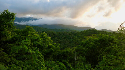 Clouds in the mountains. Lush tropical hills covered with dense green forest under dramatic clouds. Mountain landscape shows misty ridges and jungle vegetation glowing in soft evening light.