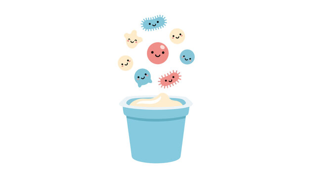 Creative yogurt cup with cheerful cartoon microbes and probiotics, symbolizing healthy digestion and a delicious, nutritious snack.