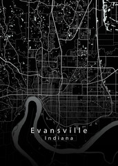 Minimalist black map of Evansville, Indiana &ndash; A modern map print highlighting infrastructure of the city, useful for tourism purposes
