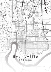 Minimalist white map of Evansville, Indiana &ndash; A modern map print highlighting infrastructure of the city, useful for tourism purposes
