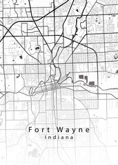 Minimalist white map of Fort Wayne, Indiana &ndash; A modern map print highlighting infrastructure of the city, useful for tourism purposes
