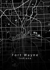 Minimalist black map of Fort Wayne, Indiana &ndash; A modern map print highlighting infrastructure of the city, useful for tourism purposes
