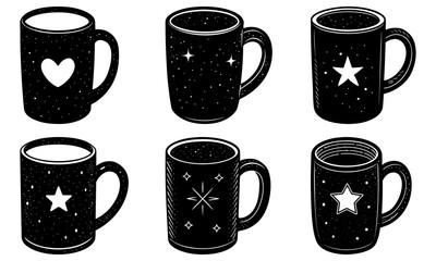 Obraz premium Five black mugs with star and heart on white background