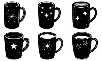 Obraz premium Six Black Mugs with Star and Constellation on White Background cups stars
