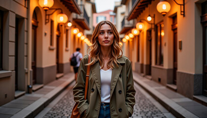 Contemplative woman walking through alley with lanterns, serene ambiance 