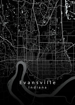 Minimalist black map of Evansville, Indiana &ndash; A modern map print highlighting infrastructure of the city, useful for tourism purposes
