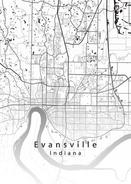 Minimalist white map of Evansville, Indiana &ndash; A modern map print highlighting infrastructure of the city, useful for tourism purposes
