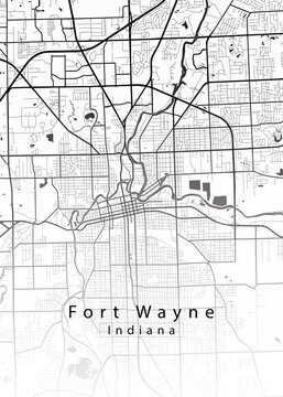 Minimalist white map of Fort Wayne, Indiana &ndash; A modern map print highlighting infrastructure of the city, useful for tourism purposes
