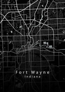 Minimalist black map of Fort Wayne, Indiana &ndash; A modern map print highlighting infrastructure of the city, useful for tourism purposes
