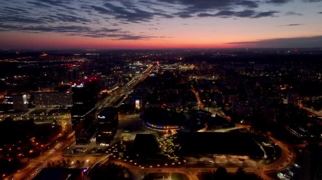 Katowice- wieczorna panorama miasta z perspektywy lotniczej - duże miasto w południowej Polsce