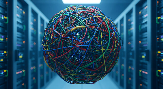 Messy sphere of tangled colorful network cables floating in server room representing data chaos and complexity