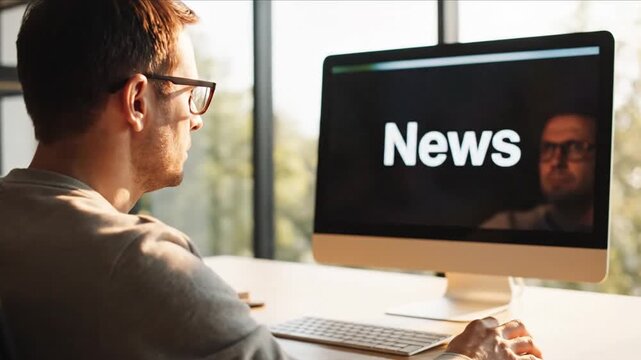 Man reading news on computer screen, online information and current events